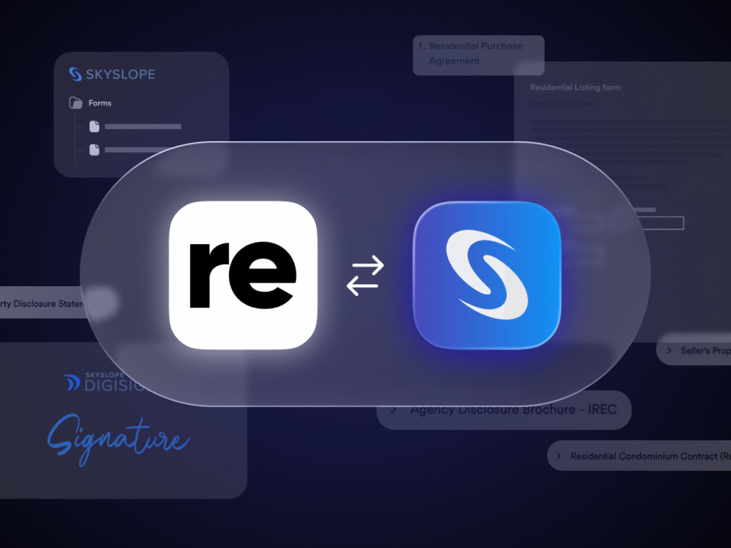 Rechat and SkySlope integration showing two platforms connected to sync transaction forms and documents.