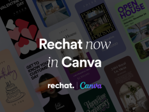 Graphic announcing “Rechat now in Canva” over a collage of real estate marketing templates, including open house flyers, listing cards, and social media designs. Rechat and Canva logos appear at the bottom of the image.